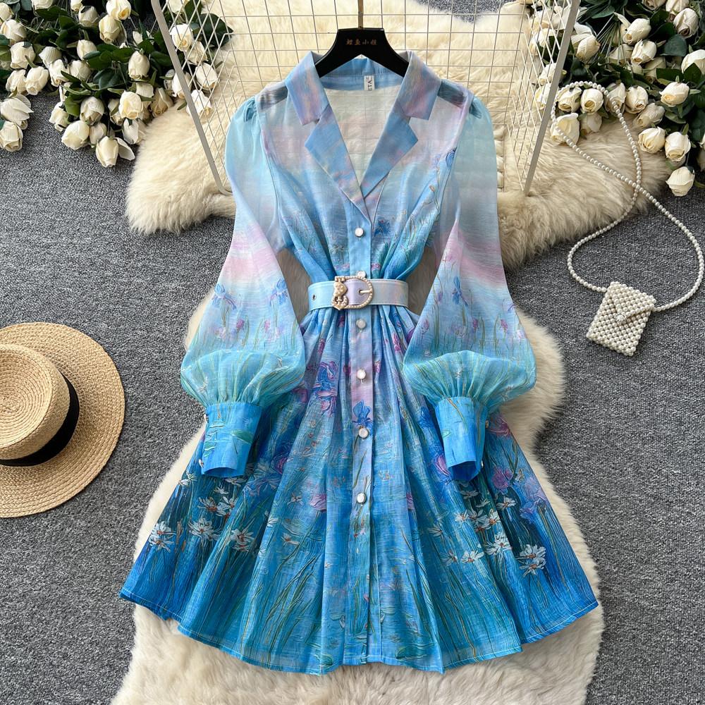 Herbst Notched Collar Print Blume Feiertag Kurzes Kleid 2026 Neu Boho Damen Einreiher Leinen Laternenärmel Gürtel Hemdkleid