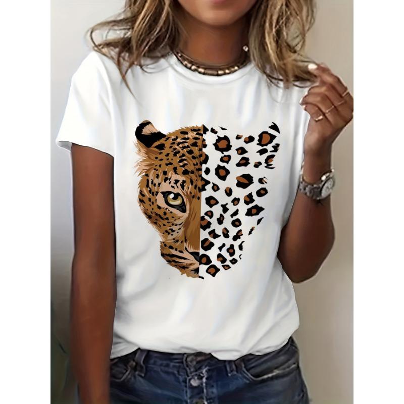 Half Leopard Face & Print Women s Tee - Animal Graphic, Trendy Casual Top XL