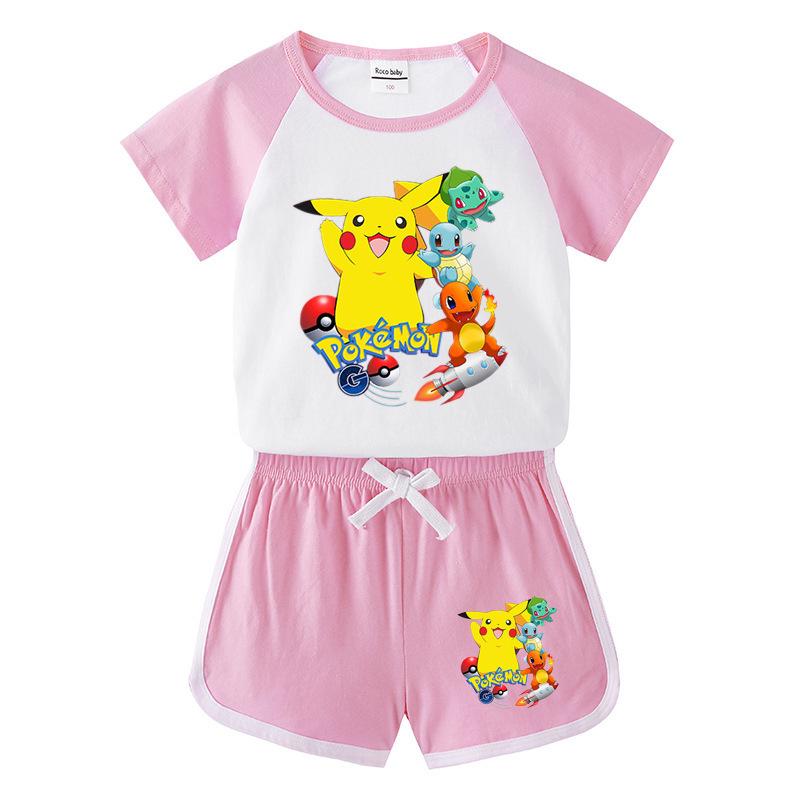 Pikachu Kids' Summer 2023 Short Sleeve T-shirt & Shorts Two-Piece Set