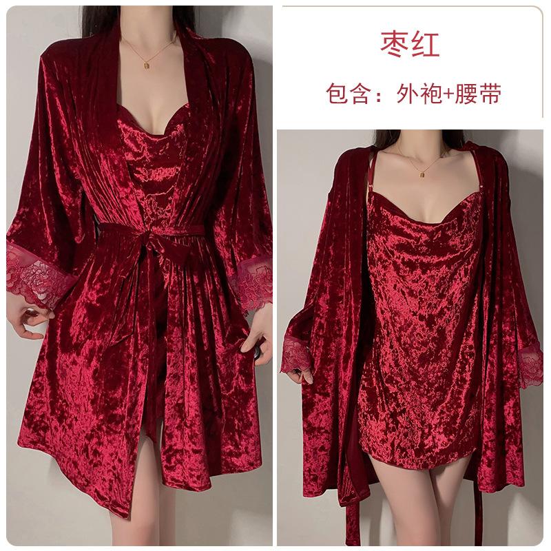 Women's Velvet Butterfly Cowl Neck Cami Sleep Dress with Robe for Fall Winter