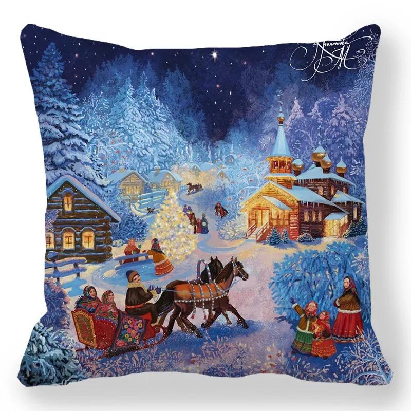 Christmas Decor Cushion Cover Christmas Gifts Home Party Decorative Pillow Cover Winter Snow Scene Animal Angel Print Pillowcase