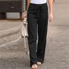 Fashion Women Solid Cotton Linen Sashes Straight Casual Long Pants Trousers