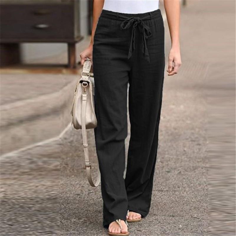 Fashion Women Solid Cotton Linen Sashes Straight Casual Long Pants Trousers