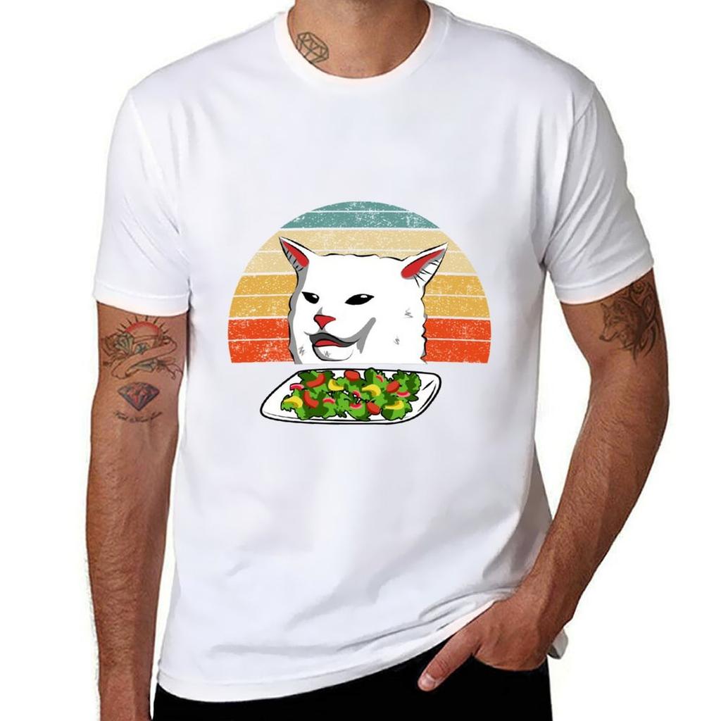 Cat Meme Unisex Yelling At Table Dinner Vintage Retro Sunset Tshirt Plus Size Outdoor Casual Top
