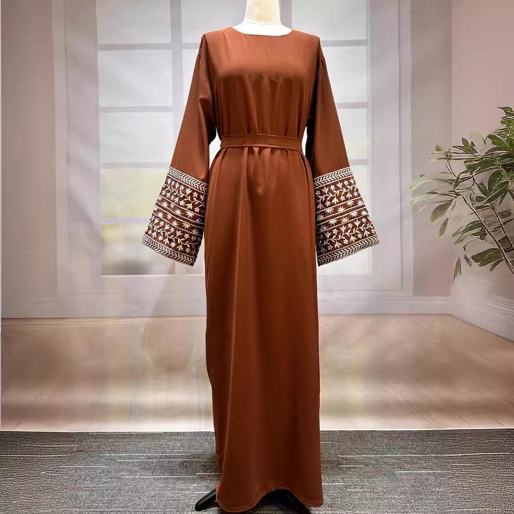 2025 Middle East Muslim Fashion Embroidered Cardigan Dress with Waistband & Pockets