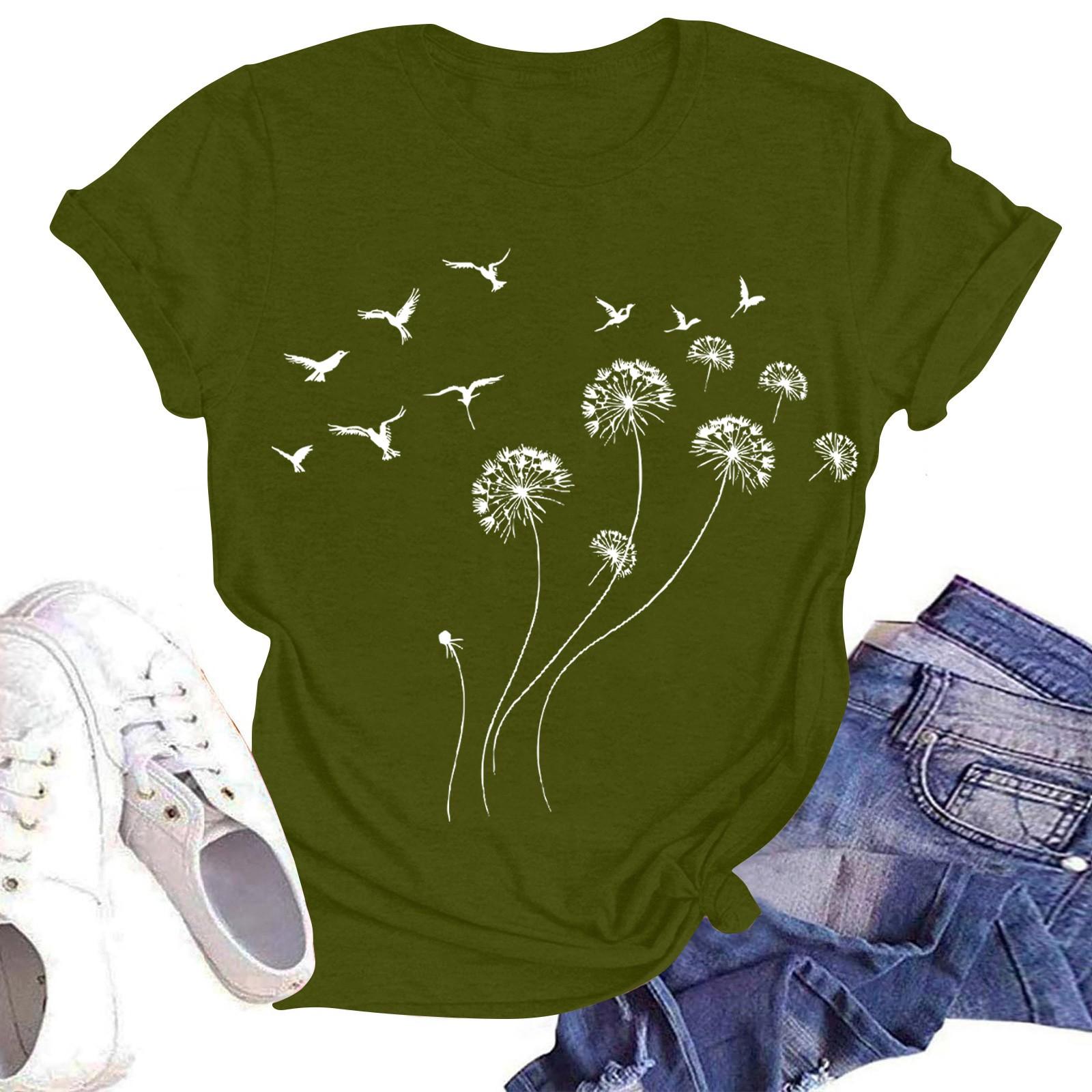 

Женская повседневная модная уличная футболка с коротким рукавом и цветочным принтом L армия зеленый