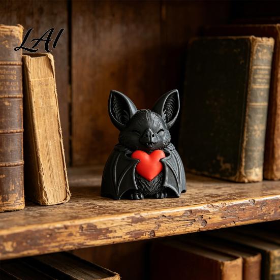 Bat Decoration Cute Red Heart 3D Printed Halloween Novelty Tabletop Sculpture for Spooky Desktop Ornament Party Haunted House Holiday Decor