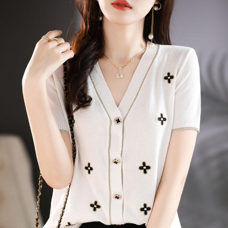 V-neck Thin Knitted Cardigan for Women with Small Fragrance Style Design and Fashionable Ice Silk Top Embroidered T-shirt In Summer