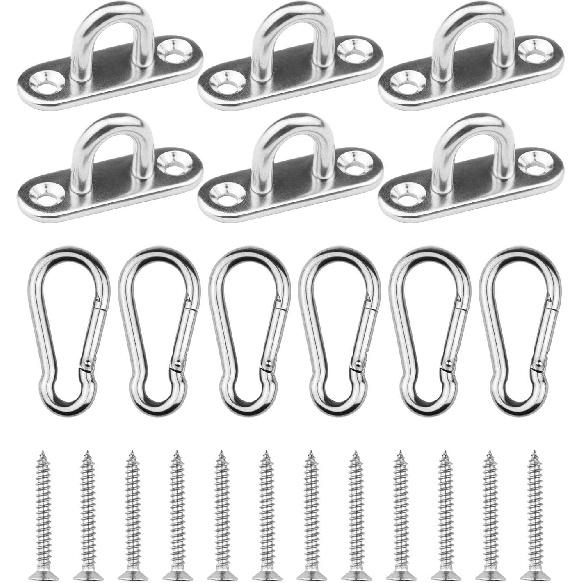 6 Pieces Stainless Steel 1.8 inch Pad Eye Plate U Hooks + 6 Pieces Stainless Steel Snap Hook, Marine Hardware Staple Loop with Screws