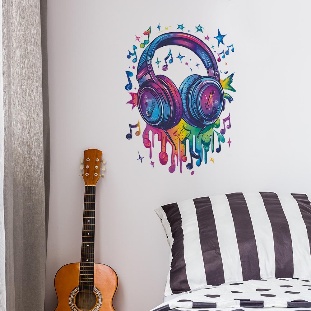 Vibrant Hand-Painted Headphones Music Notes Wall Sticker Self-Adhesive Removable for Bedroom Living Room Background Home Decor