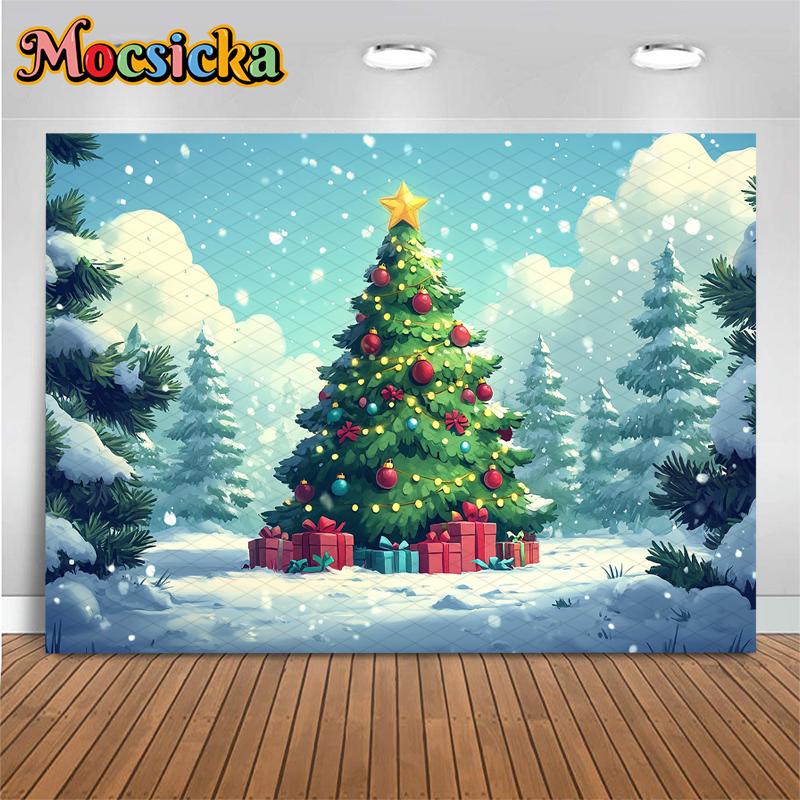 Mocsicka Big Christmas Tree Photography Background Winter Snow New Year Party Wallpaper Forest Gift Decoration Festival Backdrop