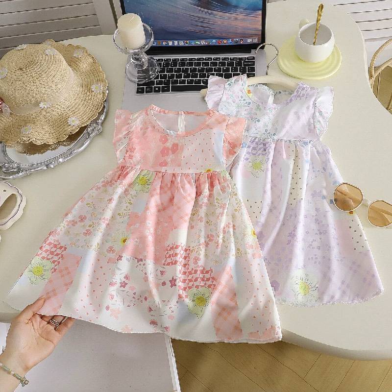 Korean Style Girl Summer Dress With Floral Print Soft Cotton For Kids