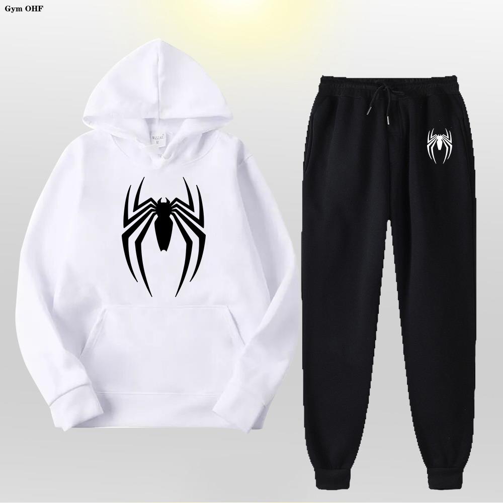 Arachnidmark Men Hoodie & Jogger Set, Minimal Spider Shape Motif Chest Print, Thick Fleece Two Piece Set for Casual Outdoor Training