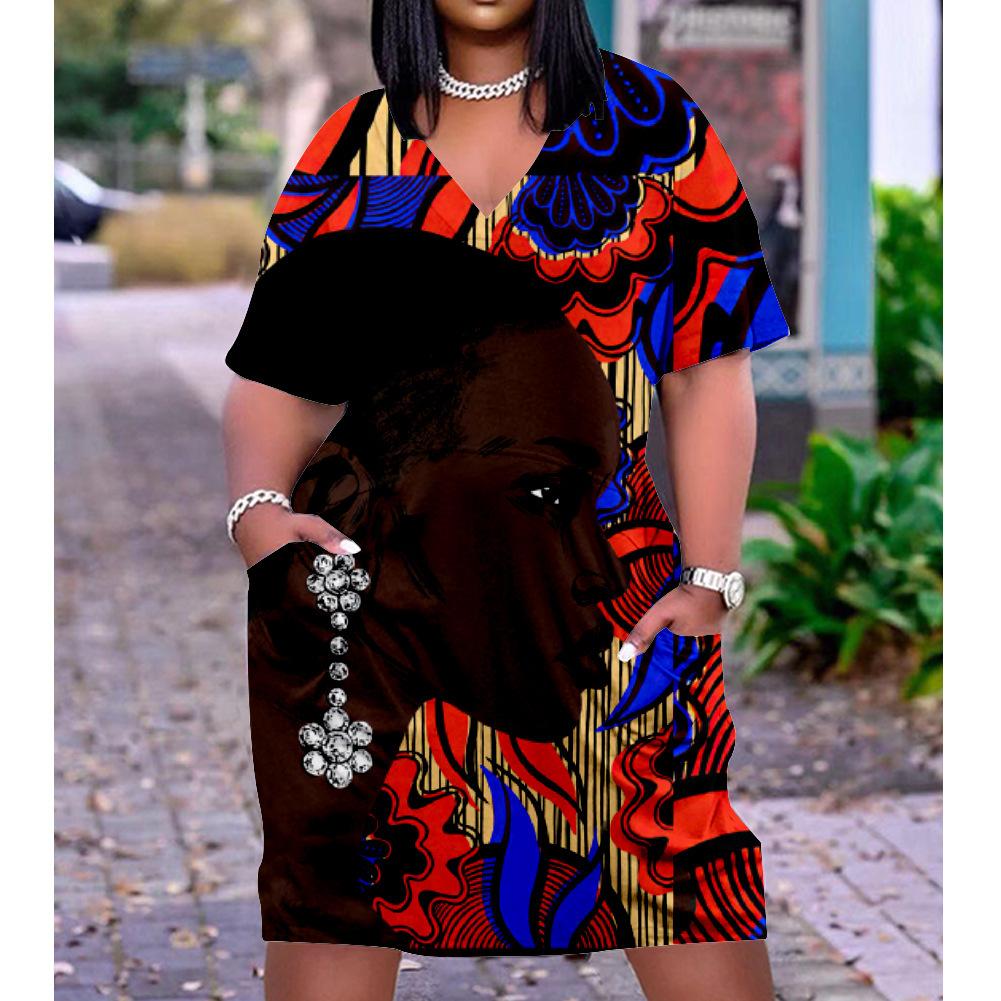 2026 digital printing cross-border temperament commuter skirt pullover V-neck dress