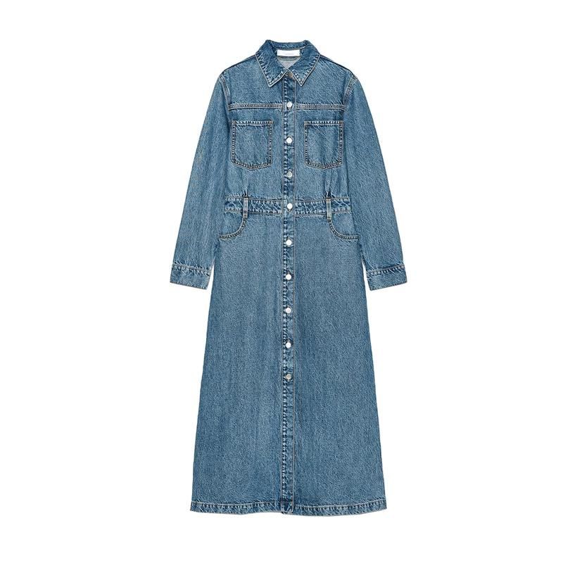 Spring New Women's Clothing Minimalist Style Decorated Row Button Lapel Long Sleeves Denim Midi Skirt Dress 1879225