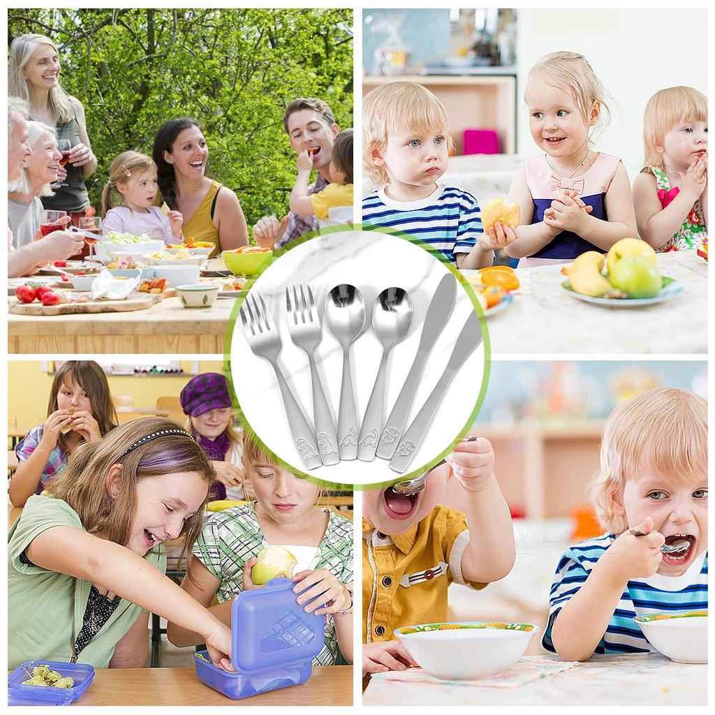 9Pcs Kids Silverware Set Stainless Steel Kids Fork Spoon and Cutter Set Ergonomic Toddler Utensils Funny Dinosaur Kids Flatware