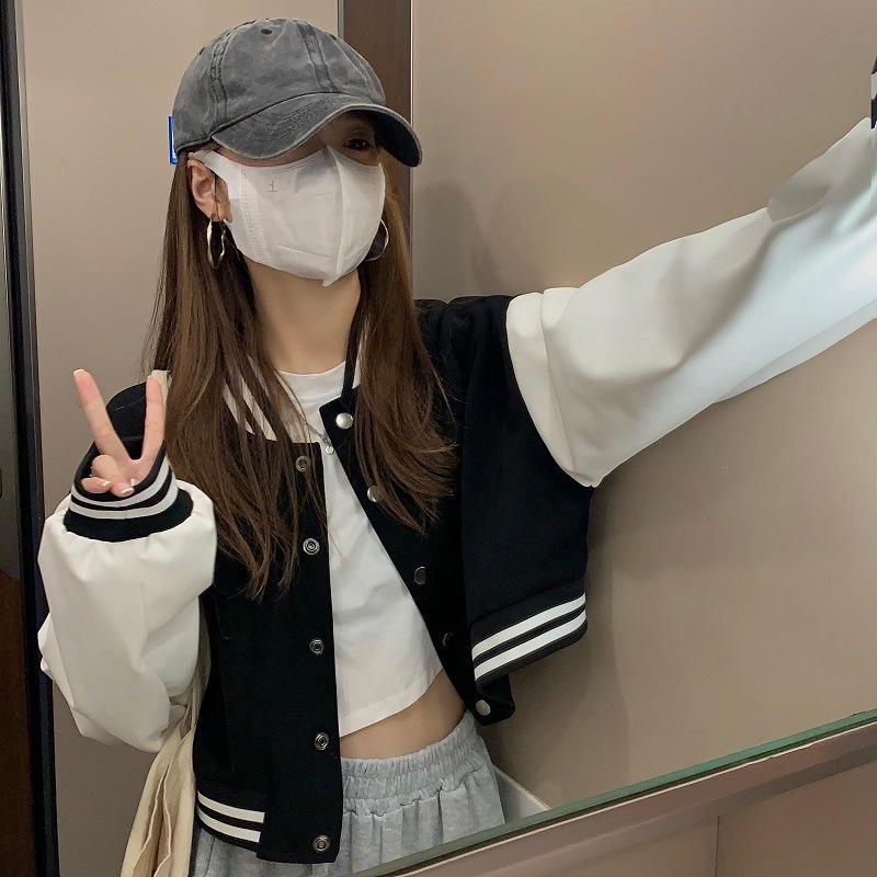 Damen Kurz Langarm Baseballjacke - Amerikanischer High Street Style, Herbst/Winter, Kleine Größe, Einreihig.