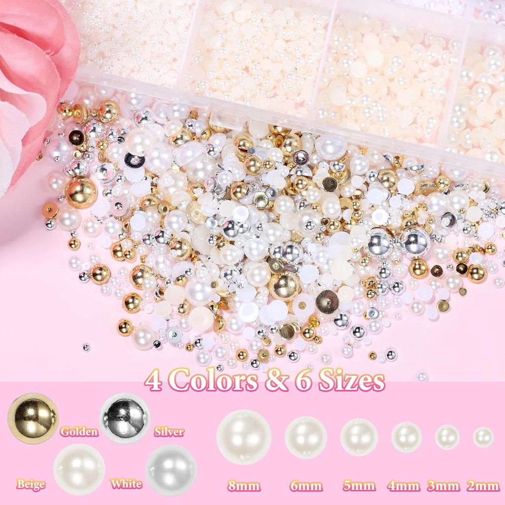 Round Pearl Nail Art Decorations Kit, Mixed Sizes Gold Silver Beads Studs for DIY Manicure