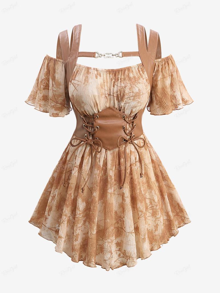 Rosegal Plus Size Tie Dye Leaf Print Chain Panel PU Leafther Strapy Lace Up Corset 2 In 1 Cold Shoulder Plisse Blouse