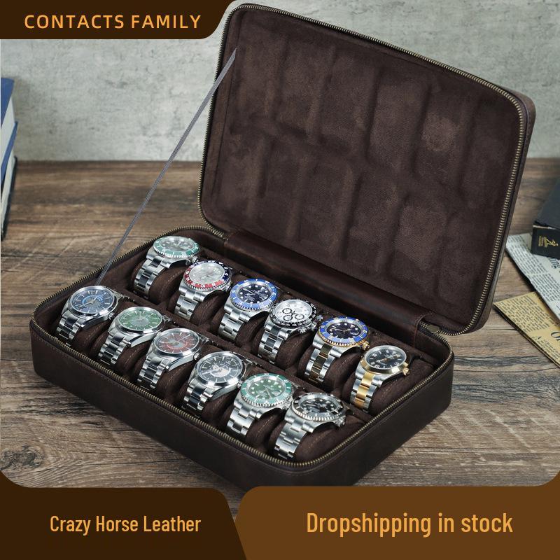 Handmade Crazy Horse Leather 12-Slot Watch Storage Box