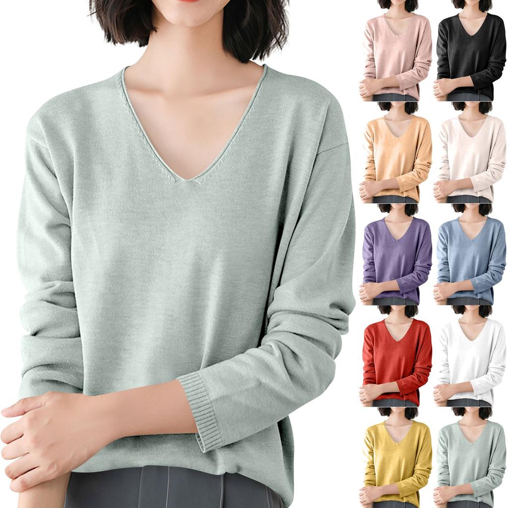 Women's Fashion Loose Knit Sweater Bottom Shirt V-Neck Pullover Long Sleeve Solid Color Top