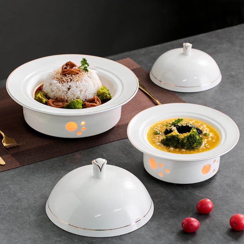 Individual Ceramic Warming Stew Bowl with Lid and Gold Rim