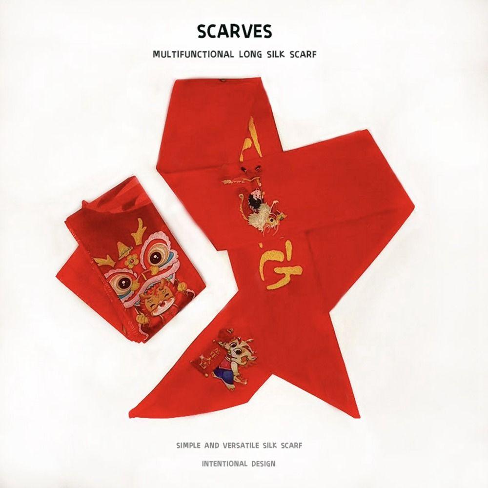 Dragon Pattern New Year Red Silk Scarf Printed Scarf Hair Band Retro Long Scarf  Women