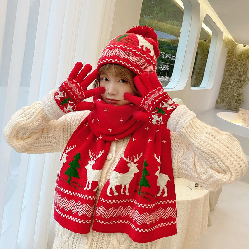 Korean-style student autumn and winter women's knitted hat, scarf, and touchscreen gloves three-piece set, warm Christmas new hat