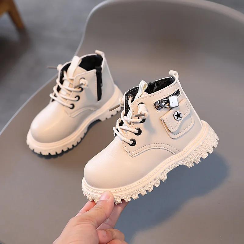 Handsome Lock Zipper Motorcycle Boots for Kids Girl Spring Autumn Designer Pocket Children Shoes Boys Ankle Boots H01083