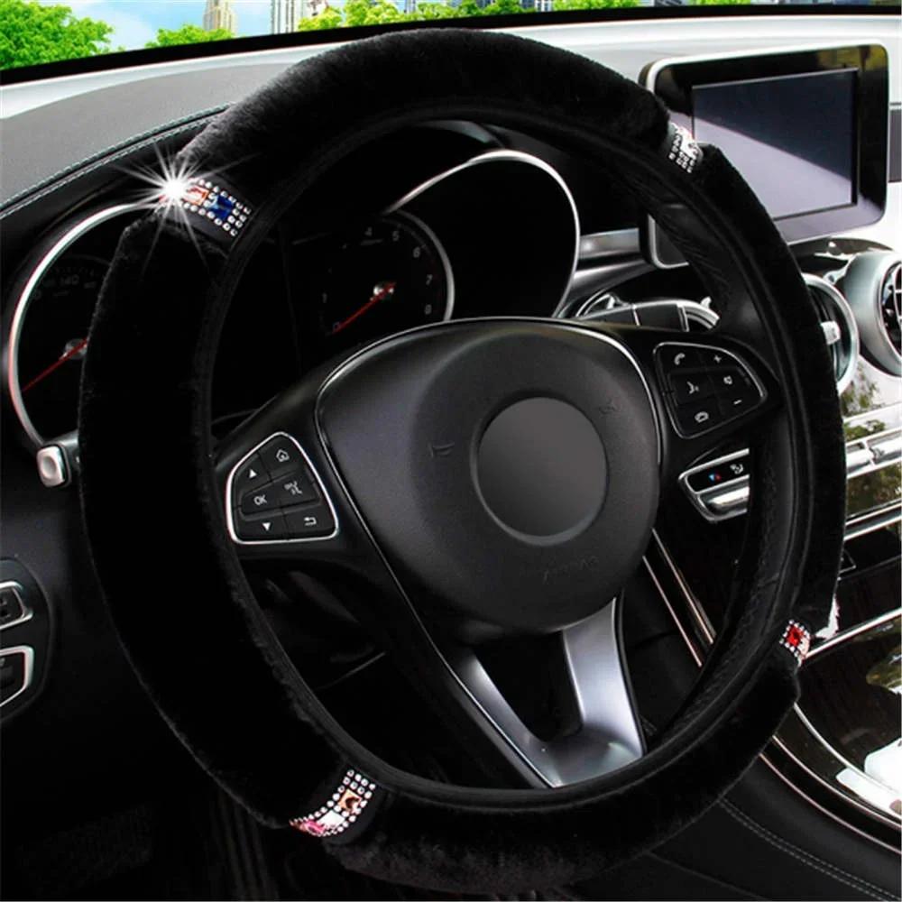 37-38cm Diameter Universal Elastic Soft Plush Rhinestone Car Steering Wheel Cover Interior Accessories