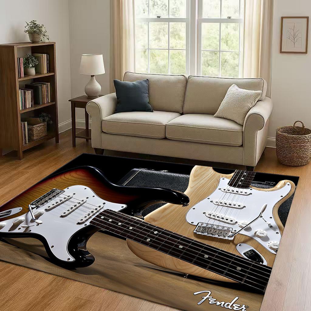 3D F Fender Guitar Musical Instrument Sign Living Room Non Slip Area Rug Carpet for Bedroom Sofa,Easy Clean Home Decor Doormat
