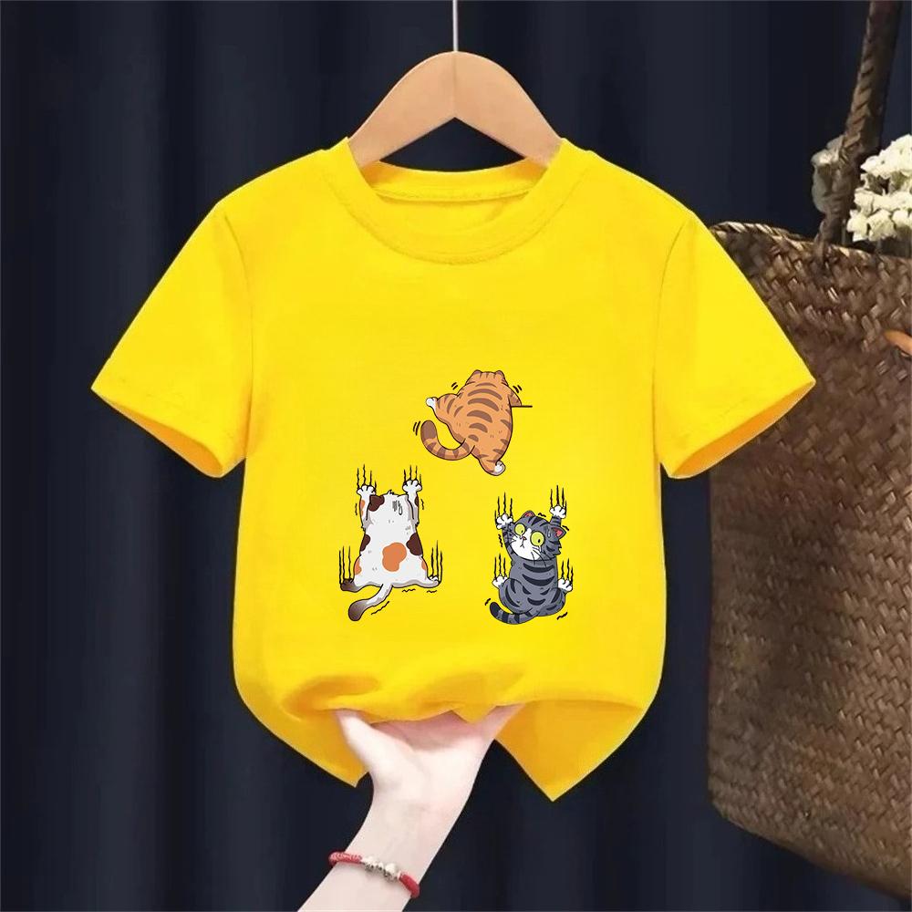 Three Little Cats Are Secretly Watching You Print Kids Tshirt for Boys Girls Tee Clothes Casual Pure Short Sleeved Cartoon Top
