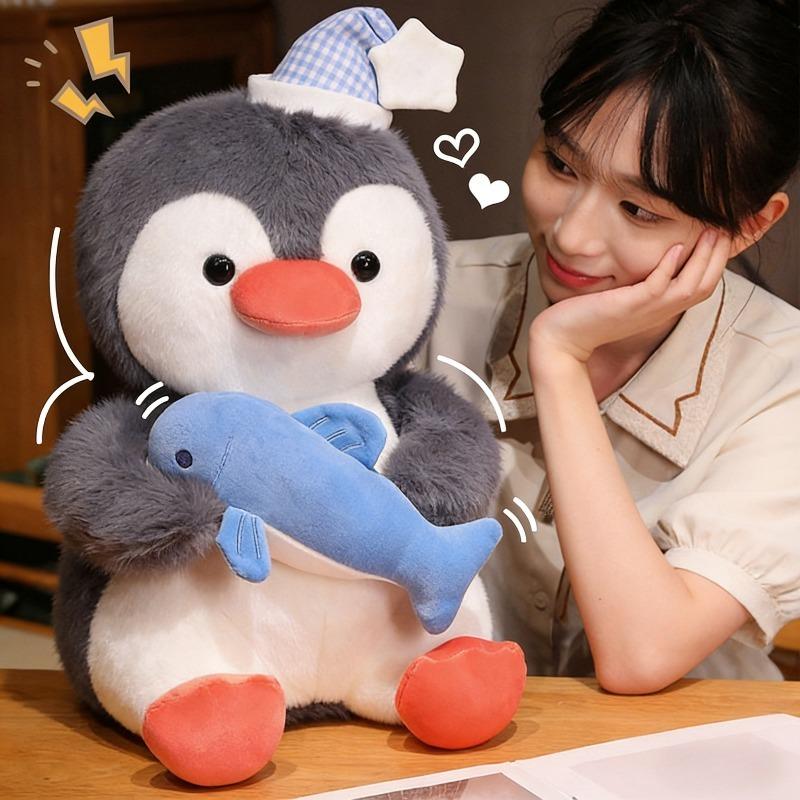 Kawaii Cute Cartoon Penguins Holding Fish Plush Toy Cute Penguin Christmas Gift Lovely Soft Cartoon Dolls Girls Friends Cute Gift