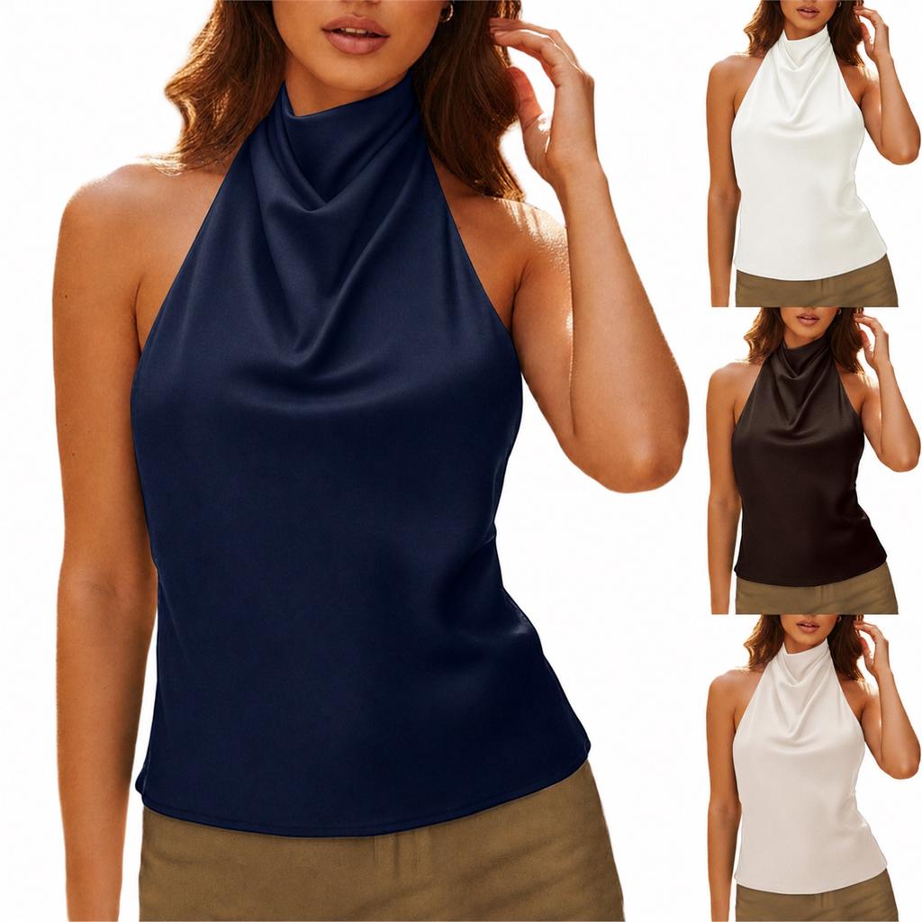 Sleeveless Satin Halter Neck Top Backless Slim Fit Cami Tank Blouse for Women Lightweight Soft Fabric Summer Wear