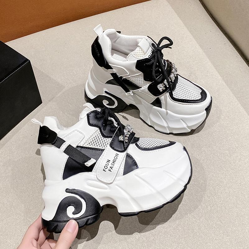 Fashion New 2025 Women Hollow Mesh Sneakers Summer Chunky Platform Crystal Shoes Synthetic Patchwork Wide Toe Ladies Sandal 10CM