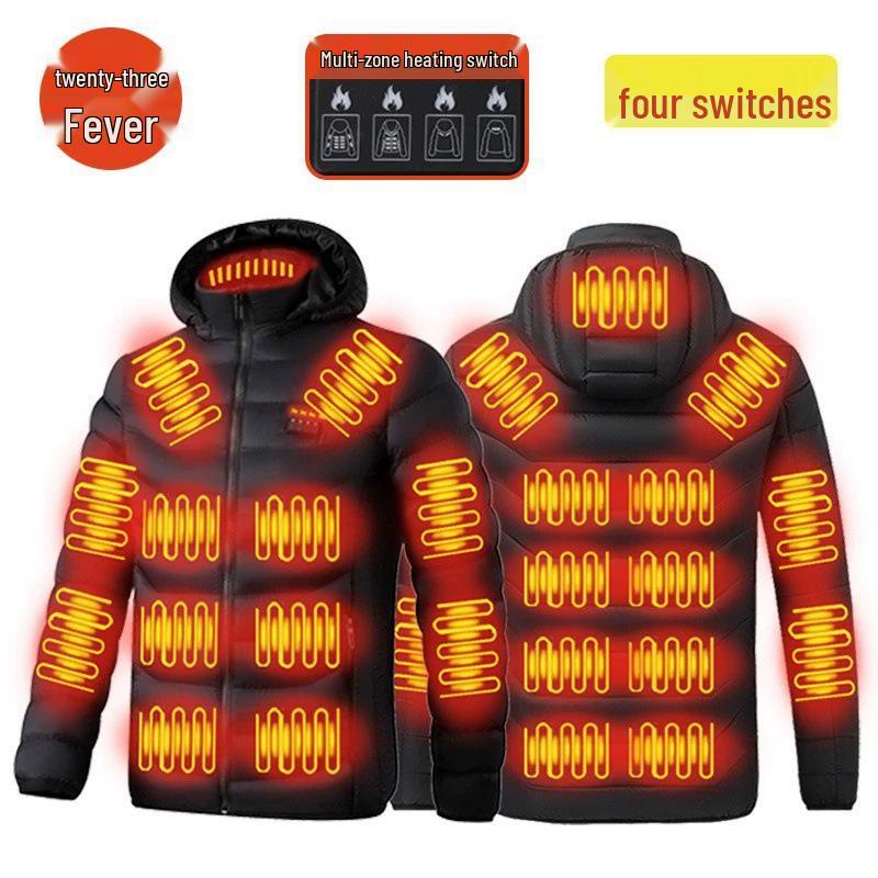 7.4V Heated Hooded Cotton Jacket with Four Controls and 25 Heating Zones for Outdoor Warmth