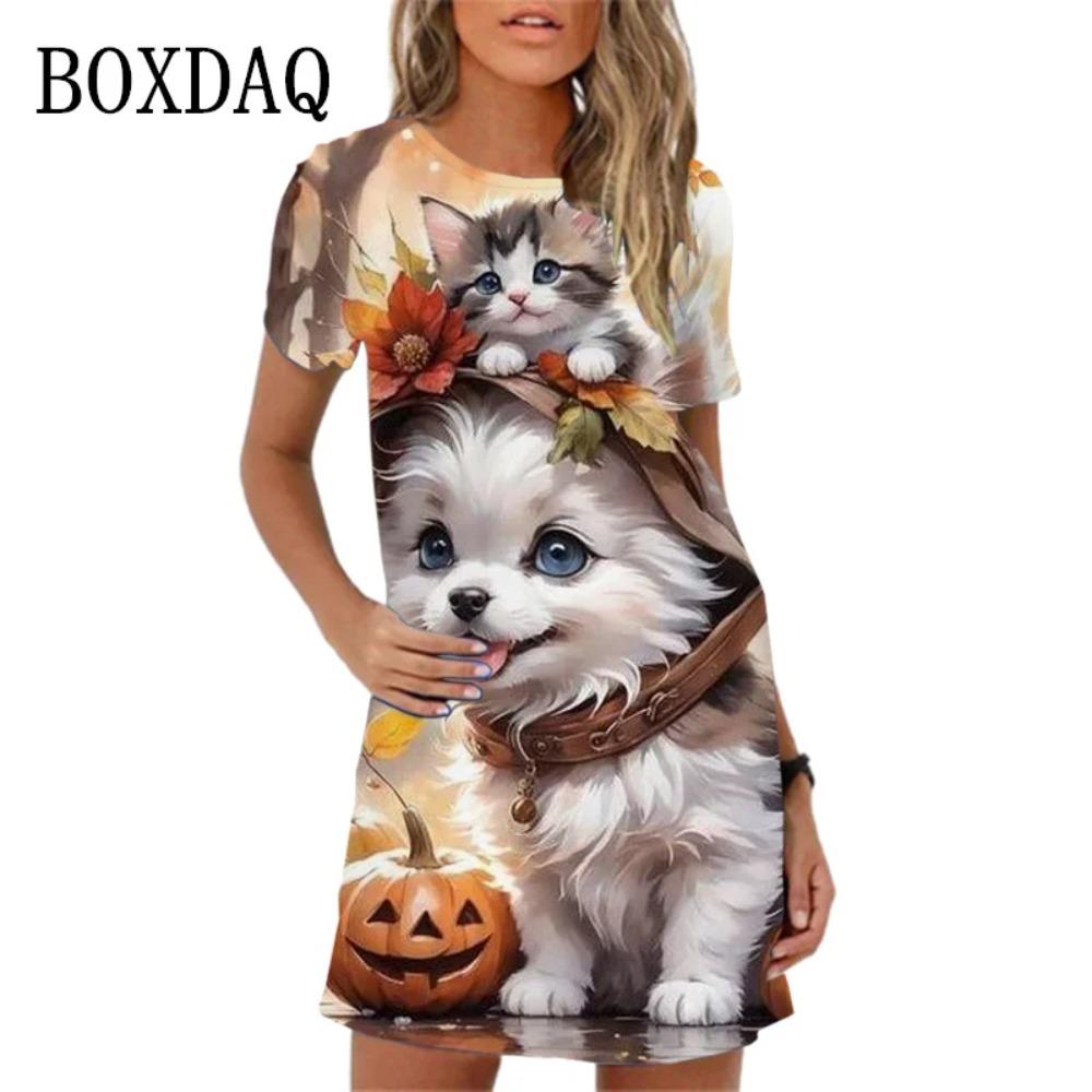 2026 New Summer Cartoon Animal Print Mini Dress Ladies Cute Dog Cat Short-sleeved Casual Loose Round Neck Dress
