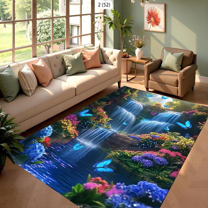 Cyber Cool Style Ancient Town Fluorescent Waterfall Rug Carpet Mat Non-Slip for Living Room Bedroom Futuristic Home Decor