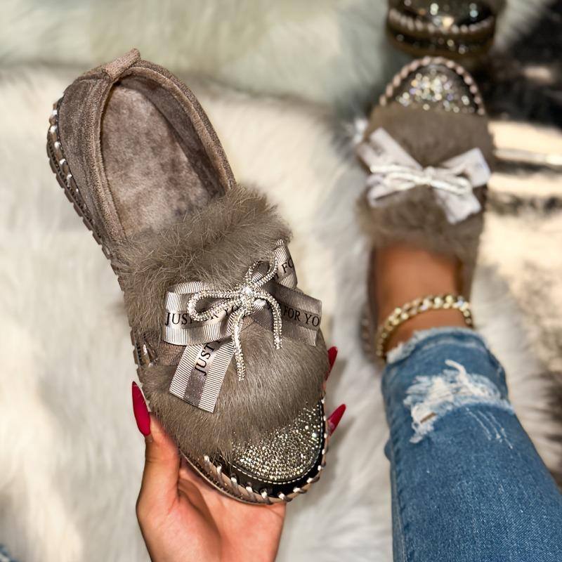 Women's Slip-On Winter Slippers with Rhinestone Bow Plush Faux Fur-Like Collar