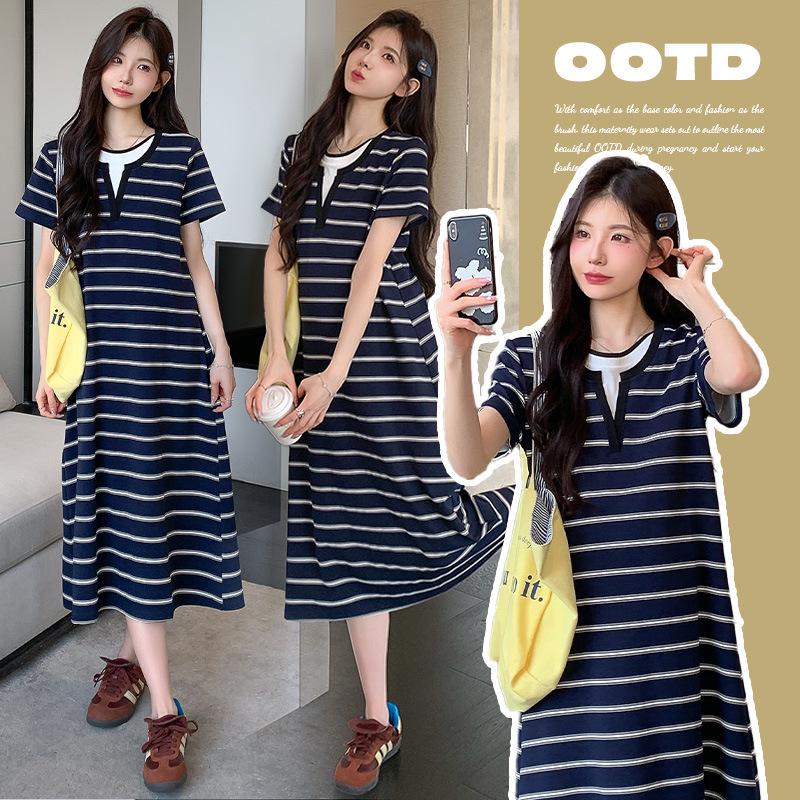 Plus Size Striped Maternity Dress – Loose, Long, Round Neck, Spring/Summer 2026. XL