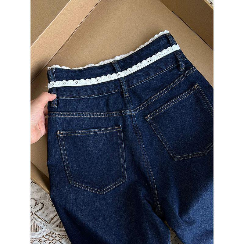 Dark Blue Lace Waist Women's Jeans - Retro Slim Fit, Loose Straight Trousers for Autumn