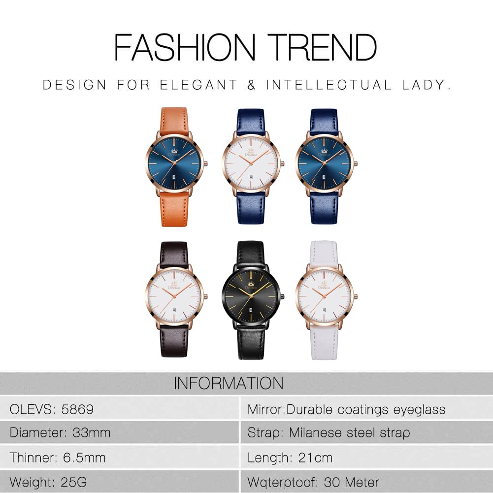Stylish Women's Wristwatch In Blue, Waterproof, Ultra-thin, with a Leather Strap, Analog, Small, Simple Dial, Easy To Read, Slim, Lightweight, and