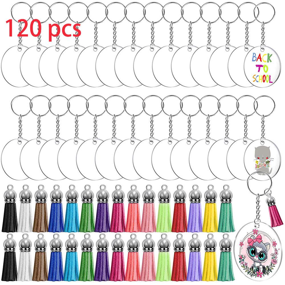 120-Piece Acrylic Keychain Set with Tassels and Small Spike Pendants, Transparent Round Blanks