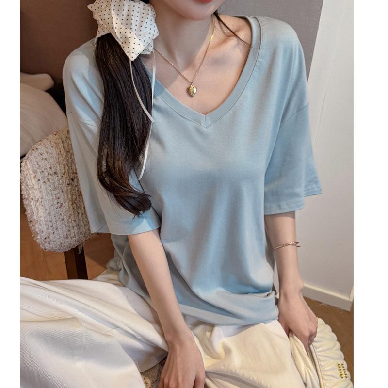 Spot European large version loose basic short-sleeved t-shirt women's summer shoulder 2026V neck top modal