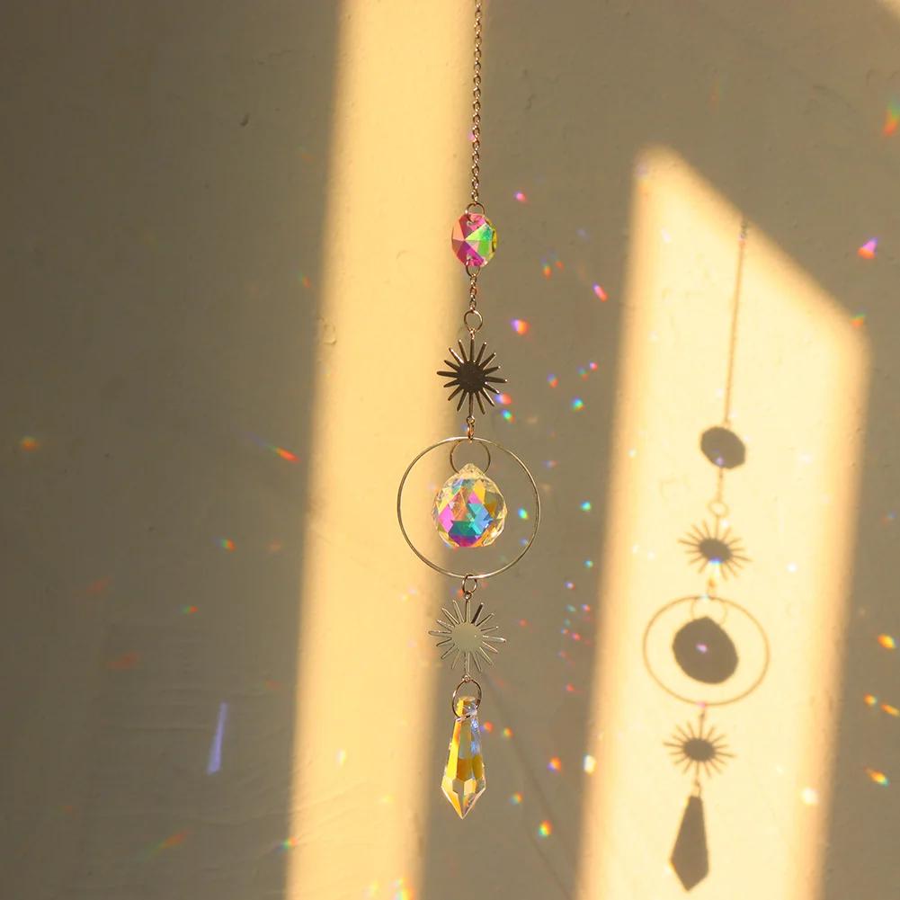 Crystal Wind Chime Moon Sun Catcher Diamond Prisms Pendant Dream Catcher Rainbow Chaser Hanging Drop Home Garden Decor Windchime