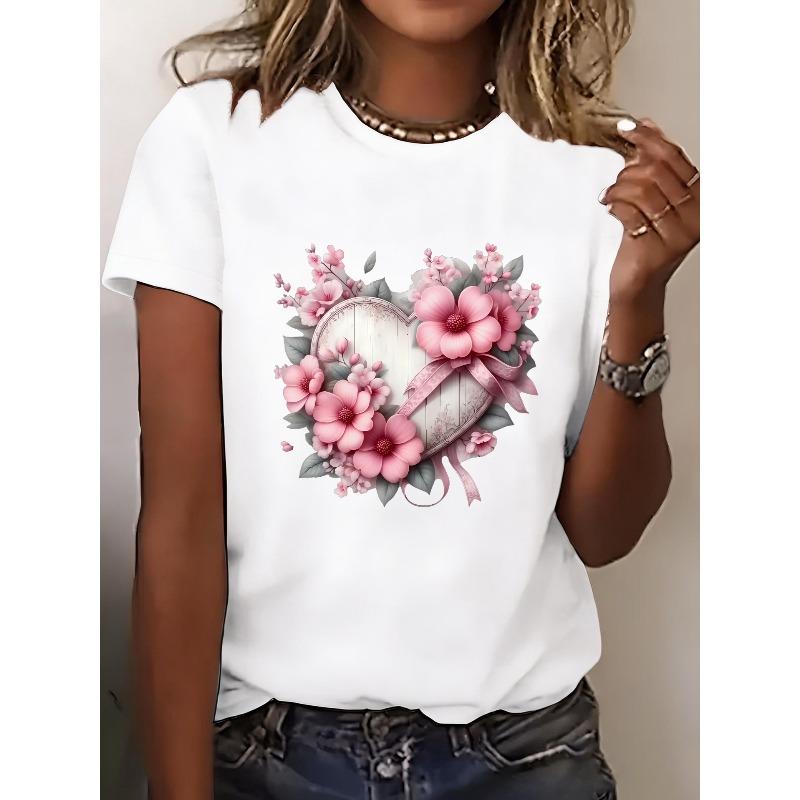Women  Short-Sleeve T-Shirt with Heart-Shaped Frame & White Wood Base - Casual Summer Blouse Top Suitable for Travel, Beach Outfits, S белый