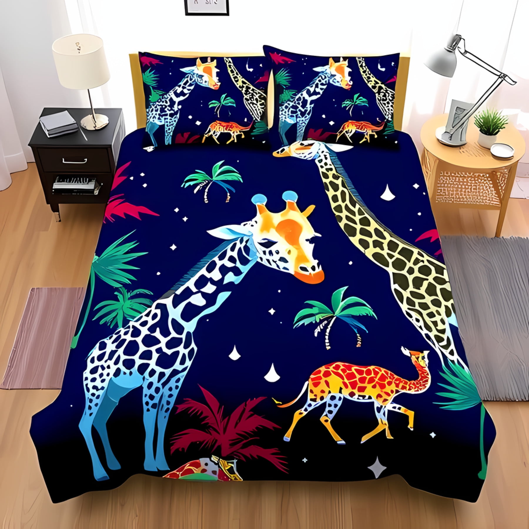 

Navy Blue Jungle Soft Duvet Cover Set featuring Playful Girafes plus Tres Whimsical Beding for Adult Peoples Warm Soft Breathable Comfortable 120*200cm Single