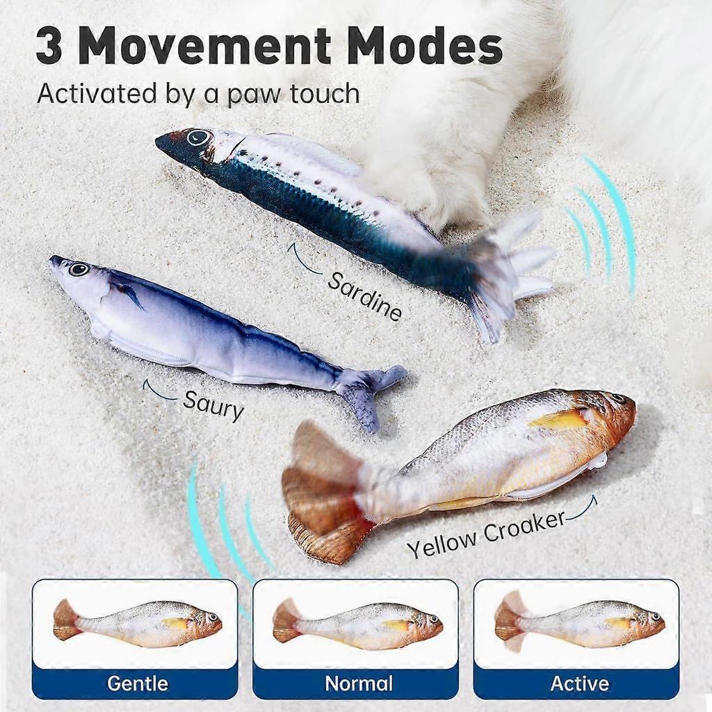 Bite-Sized Realistic Flopping Fish Cat Toys, Interactive Cat Toys for All Breeds, Tap-Activated 3 Flapping Mode, Sardine/Saury/Yellow Croaker, Recharg