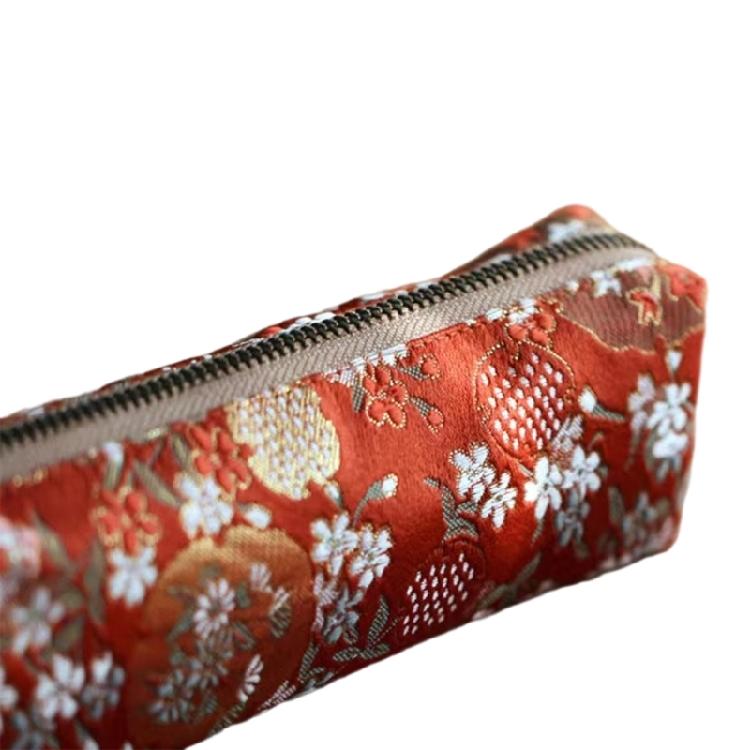 Flower Embroidered Pen Pouches Large Capacity Cotton Linen Pencil Case Zippered Closure for School Office Accessory