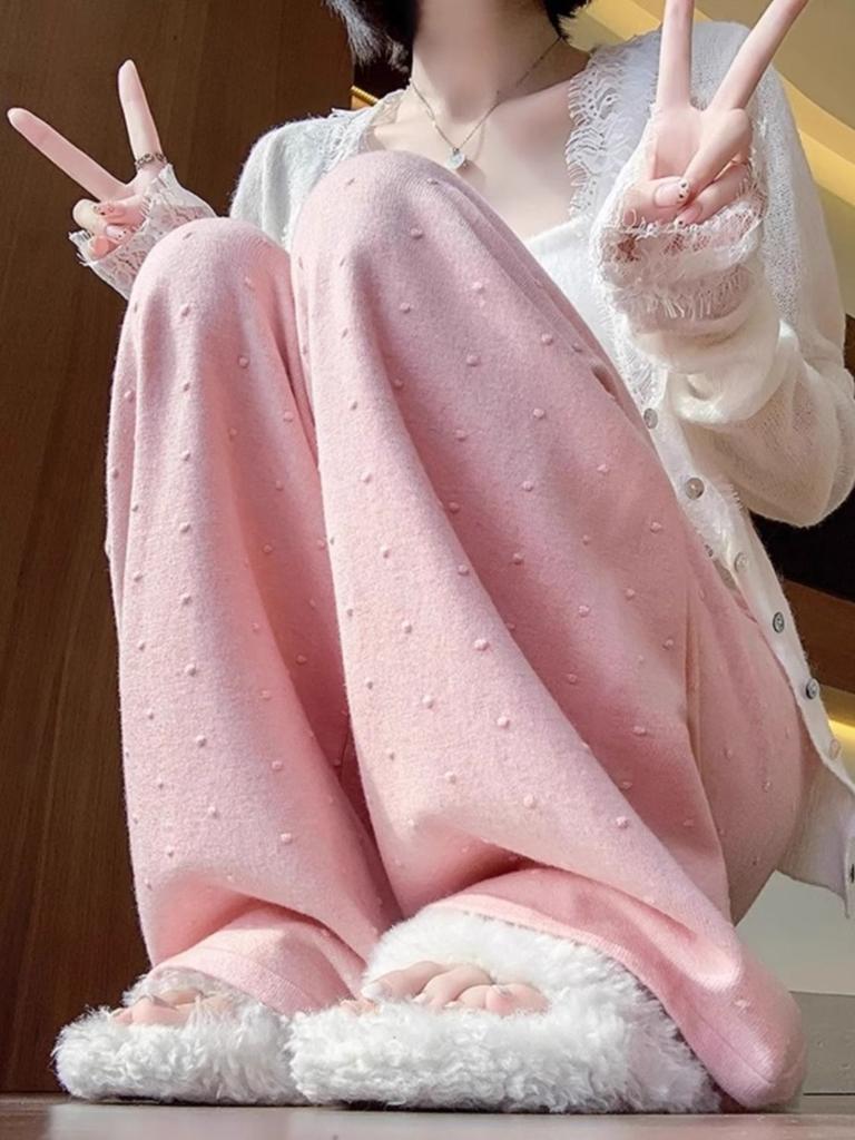 Knitted Wide Leg Pants for Women In Autumn and Winter Lazy Style High Waist Loose Straight Leg Soft Rice Floor Length Pants
